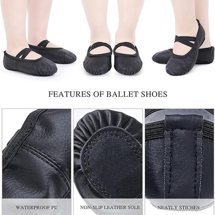 Women's Ballet Shoes – Ballet Shoes for Girls – Black – Soft PU Leather Dance Shoes with Non-Slip Sole – Suitable for Ballet, Yoga & Home Use – For 8 UK Child.