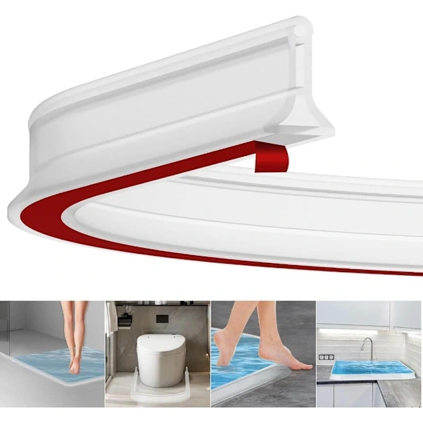 2m Self-Adhesive Shower Strip, 4cm High Waterproof Rubber Strip for Bathroom and Kitchen, Shower Threshold / Water Barrier White.