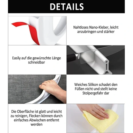 2m Self-Adhesive Shower Strip, 4cm High Waterproof Rubber Strip for Bathroom and Kitchen, Shower Threshold / Water Barrier White.