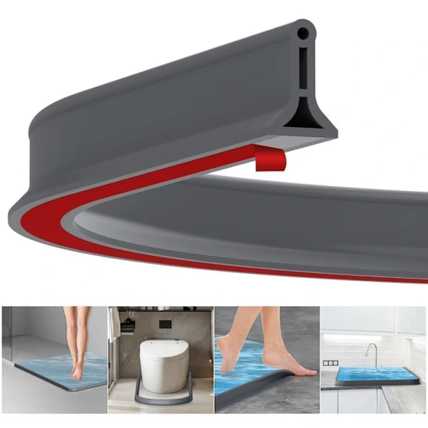 2m Self-Adhesive Shower Strip, 4cm High Waterproof Rubber Strip for Bathroom and Kitchen, Shower Threshold / Water Barrier Gray.