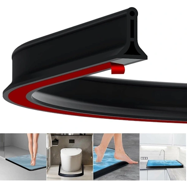 2m Self-Adhesive Shower Strip, 4cm High Waterproof Rubber Strip for Bathroom and Kitchen, Shower Threshold / Water Barrier Black.