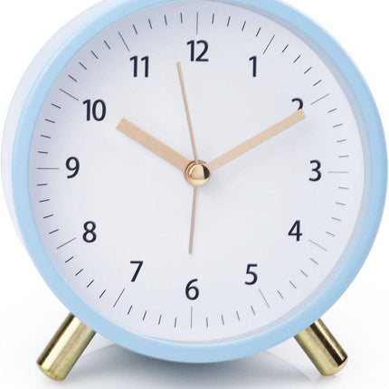 Silent Alarm Clock with Night Light and Backlight, Blue Bedroom and Travel Clock, Metal.