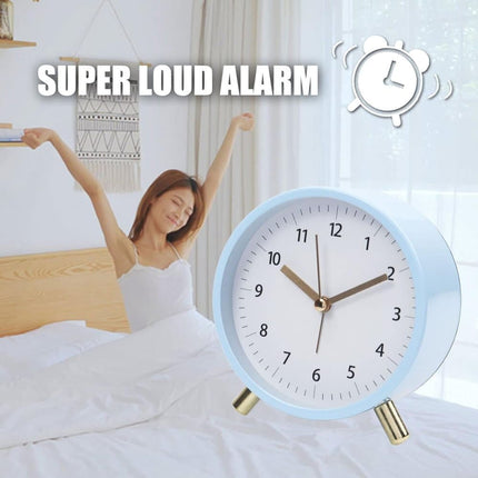 Silent Alarm Clock with Night Light and Backlight, Blue Bedroom and Travel Clock, Metal.