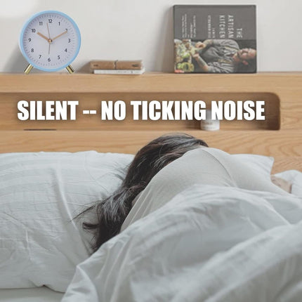 Silent Alarm Clock with Night Light and Backlight, Blue Bedroom and Travel Clock, Metal.