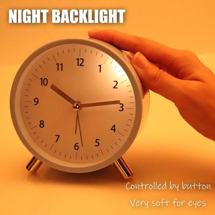 Silent Alarm Clock with Night Light and Backlight, Blue Bedroom and Travel Clock, Metal.