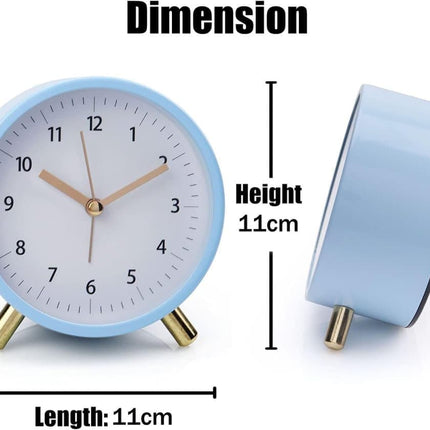 Silent Alarm Clock with Night Light and Backlight, Blue Bedroom and Travel Clock, Metal.