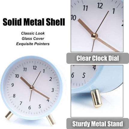 Silent Alarm Clock with Night Light and Backlight, Blue Bedroom and Travel Clock, Metal.