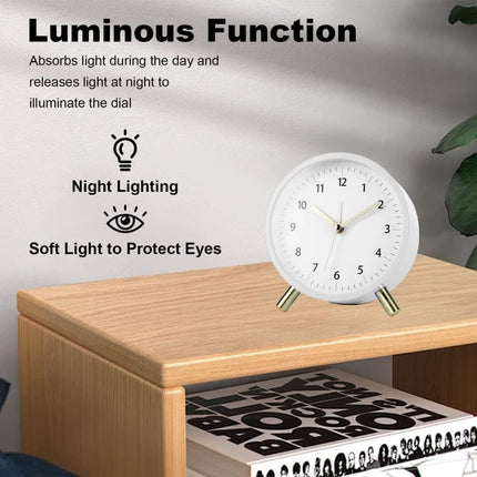 Silent Alarm Clock with Night Light and Backlight, White Metal Clock for Bedrooms and Travel.