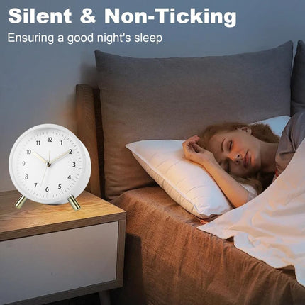 Silent Alarm Clock with Night Light and Backlight, White Metal Clock for Bedrooms and Travel.
