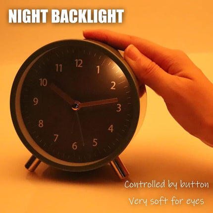 Silent Alarm Clock with Night Light and Backlight, Metal Clock for Bedrooms and Travel, Black.