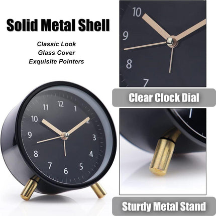 Silent Alarm Clock with Night Light and Backlight, Metal Clock for Bedrooms and Travel, Black.