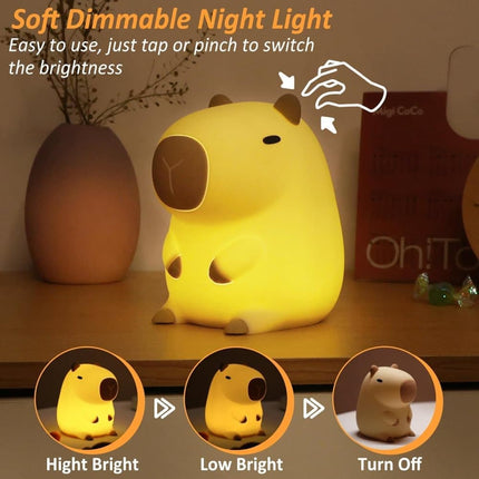 Capybara Night Light Soft Animal Shaped LED Lamp Dimmable with Timer Rechargeable for Kids Room, Portable.