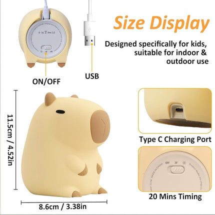 Capybara Night Light Soft Animal Shaped LED Lamp Dimmable with Timer Rechargeable for Kids Room, Portable.