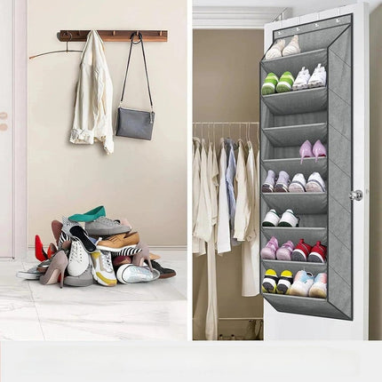 12 Pairs Wall Mounted Shoe Rack with Hooks, Shoe Hanger Storage for Door, 24 x 12 x 4 inches, Gray.