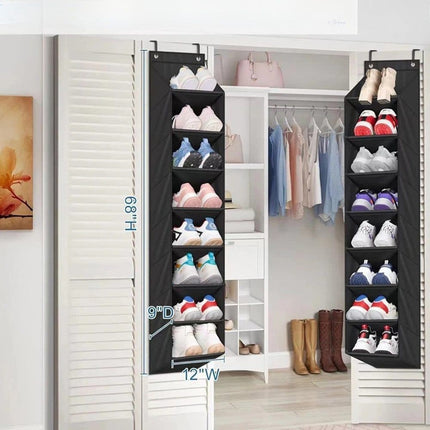 12 Pairs Wall Mounted Shoe Rack with Hooks, Shoe Hanger Storage for Door, 24 x 12 x 4 inches, Black.