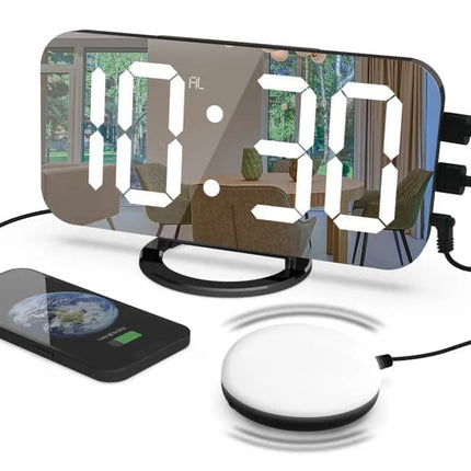 LED Alarm Clock with Bed Shaker for Heavy Sleepers, Digital Mirror Display, Compatible with Philips, Black.