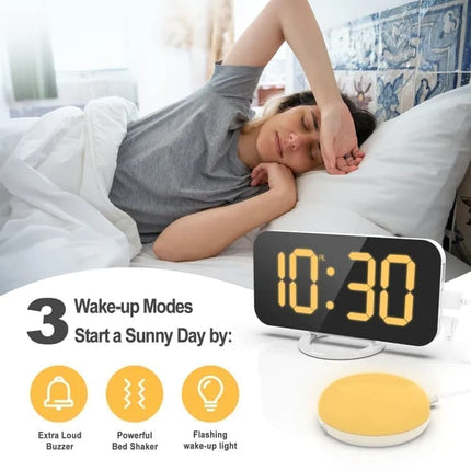 Digital Alarm Clock with Bed Shaker for Heavy Sleepers, LED Mirror Display, Compatible with Philips, Yellow.