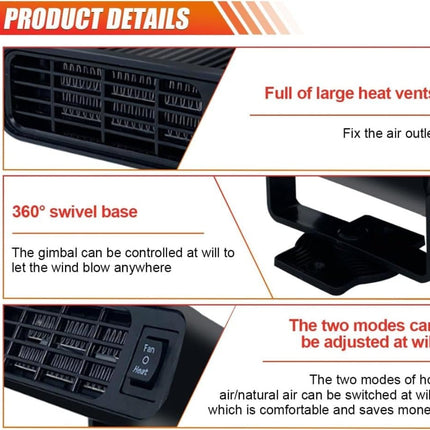12V 200W Portable Car Heater and Fan 2-in-1 with 360° Rotation, Fast Defrosting and Windshield Demisting, Black.