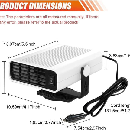 12V 200W Portable Car Heater and Fan 2-in-1 with 360° Rotation, White, Fast Defrosting Windshield Demisting.