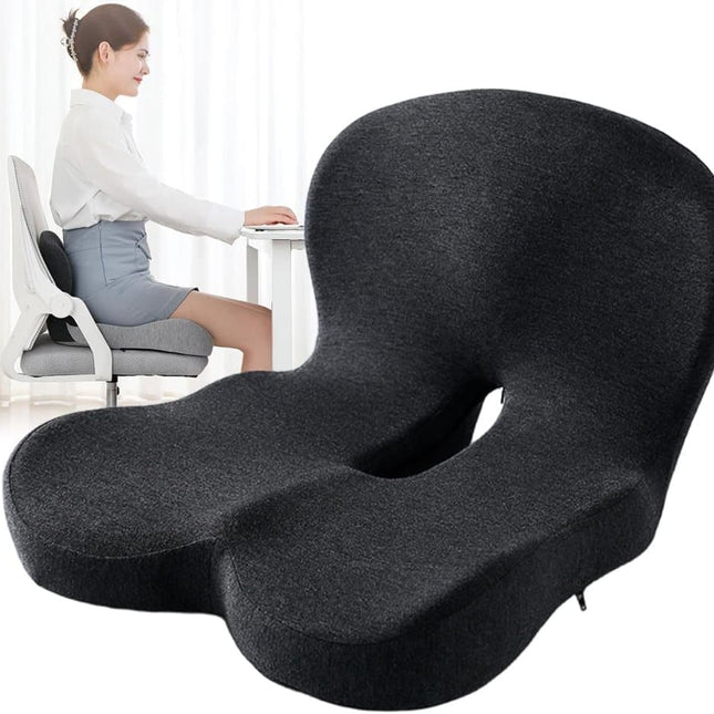 Ergonomic Memory Foam Seat Cushion with Lumbar Support and Tailbone Protection for Office Chairs, Driving and Home, Dark Gray, L-Shaped.