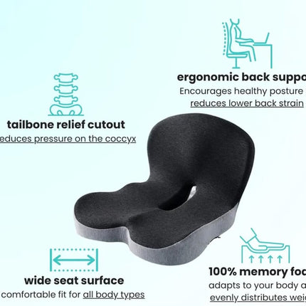 Ergonomic Memory Foam Seat Cushion with Lumbar Support and Tailbone Protection for Office Chairs, Driving and Home, Dark Gray, L-Shaped.