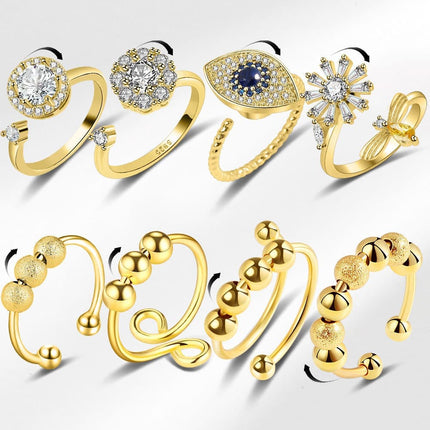 8 pcs Adjustable Antistress Ring with Rotating Beads, Gold, Compatible with Fidget Spinner Rings.