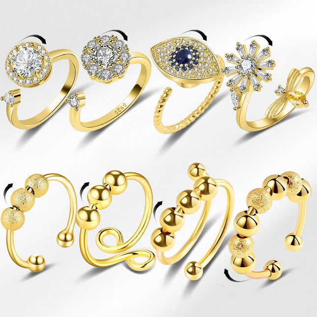 8 pcs Adjustable Antistress Ring with Rotating Beads, Gold, Compatible with Fidget Spinner Rings.