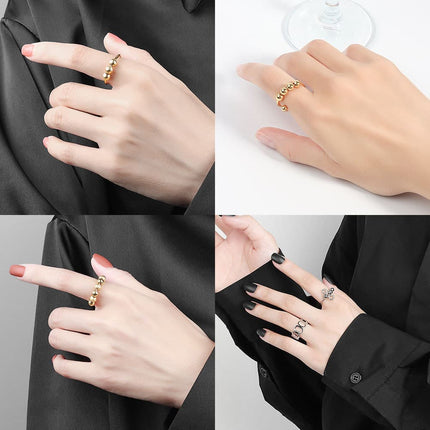 8 pcs Adjustable Antistress Ring with Rotating Beads, Gold, Compatible with Fidget Spinner Rings.