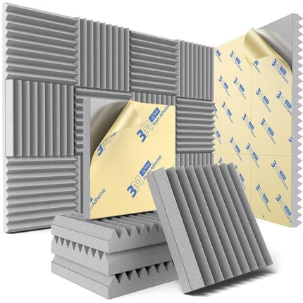 12 Self-Adhesive Acoustic Panels, High Density Sound Absorbing Insulation, Grey, 30x30x5cm.