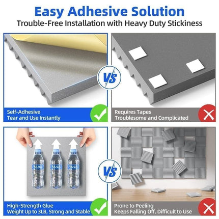 12 Self-Adhesive Acoustic Panels, High Density Sound Absorbing Insulation, Grey, 30x30x5cm.