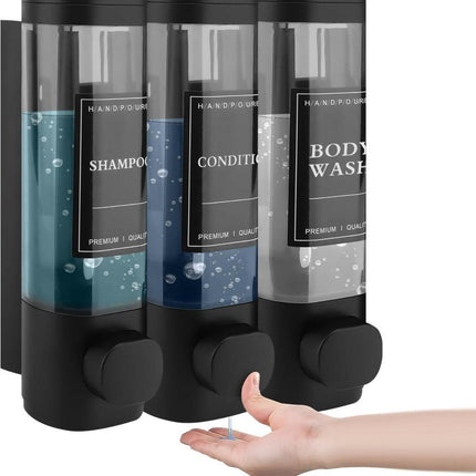 3-Pack Wall Mounted Soap Dispenser for Shampoo & Soap, 300ml x3, 3-Compartment Shower Dispenser, Black.