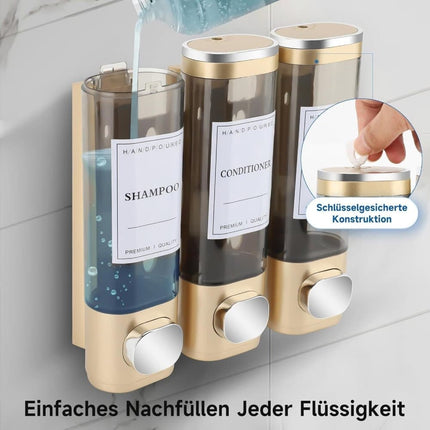 3-Pack Wall Mounted Soap Dispenser for Shampoo & Soap, 300ml x3, 3-Compartment Shower Dispenser, Black.