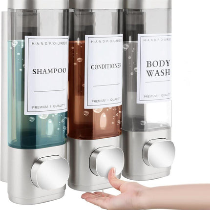3-Piece 300ml Wall Mounted Soap Dispenser for Shampoo & Soap, Silver.
