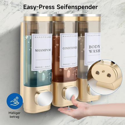 3-Pack Wall Mounted Soap Dispenser, 300ml x3, 3-Compartment Shower Dispenser for Shampoo & Soap, Metallic.
