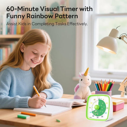 60 Minutes Visual Timer with Rainbow Pattern, Silent Flash Function, Adjustable Volume, Green.