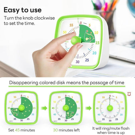 60 Minutes Visual Timer with Rainbow Pattern, Silent Flash Function, Adjustable Volume, Green.