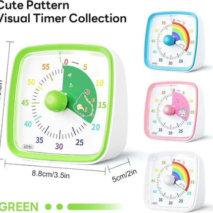 60 Minutes Visual Timer with Rainbow Pattern, Silent Flash Function, Adjustable Volume, Green.
