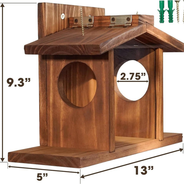 Wooden Squirrel Feeder with Removable Front Panel, Durable Outdoor Feeding Station, Easy to Fill.