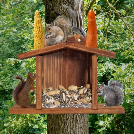 Wooden Squirrel Feeder with Removable Front Panel, Durable Outdoor Feeding Station, Easy to Fill.