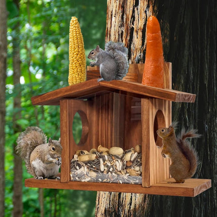 Wooden Squirrel Feeder with Removable Front Panel, Durable Outdoor Feeding Station, Easy to Fill.