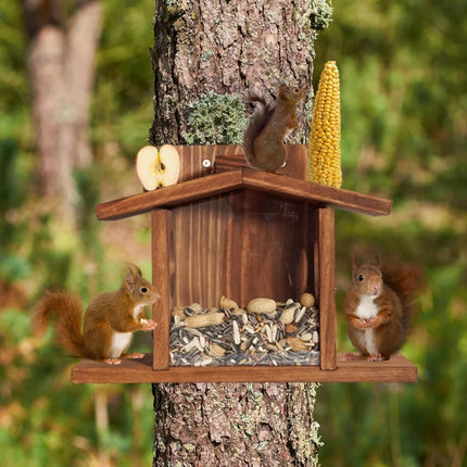 Wooden Squirrel Feeder with Removable Front Panel, Durable Outdoor Feeding Station, Easy to Fill.