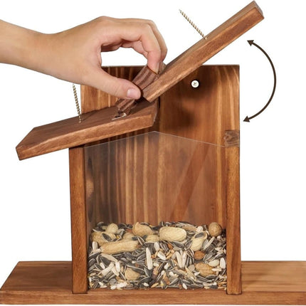 Wooden Squirrel Feeder with Removable Front Panel, Durable Outdoor Feeding Station, Easy to Fill.