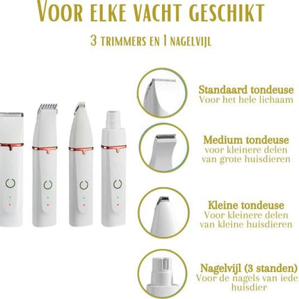 4-in-1 Cordless Dog Trimmer for Thick Fur with Nail Drill, 7 Accessories, Quiet and Silent, White, Compatible with All Dog Breeds.