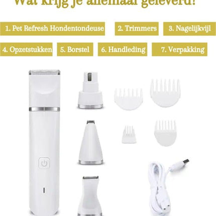 4-in-1 Cordless Dog Trimmer for Thick Fur with Nail Drill, 7 Accessories, Quiet and Silent, White, Compatible with All Dog Breeds.