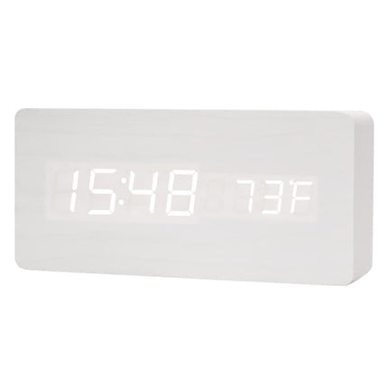 Digital LED Alarm Clock with USB Charger, Silent Wooden Clock for Bedrooms and Travel, 12/24h LCD Display, White.