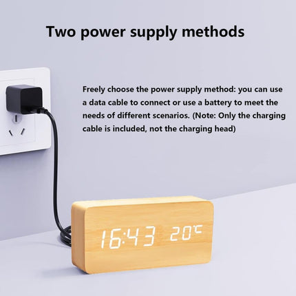 Digital LED Alarm Clock with USB Charger, Silent Wooden Clock for Bedrooms and Travel, 12/24h LCD Display, White.