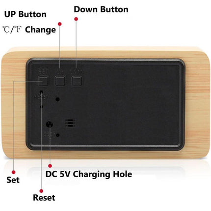 Digital LED Alarm Clock with USB Charger, Silent Wooden Clock for Bedrooms and Travel, 12/24h LCD Display, White.