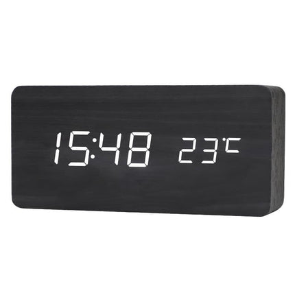 LED Alarm Clock with USB Charger, Silent Wooden Design for Bedrooms and Travel, 12/24h LCD Display, Black.