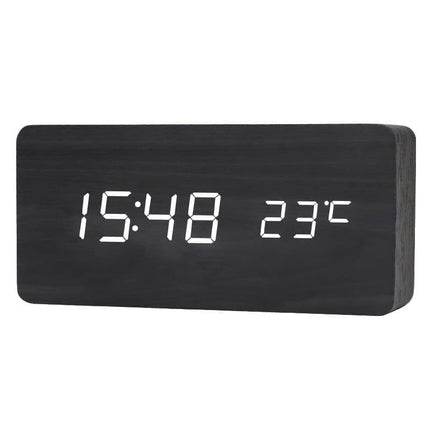 LED Alarm Clock with USB Charger, Silent Wooden Design for Bedrooms and Travel, 12/24h LCD Display, Black.