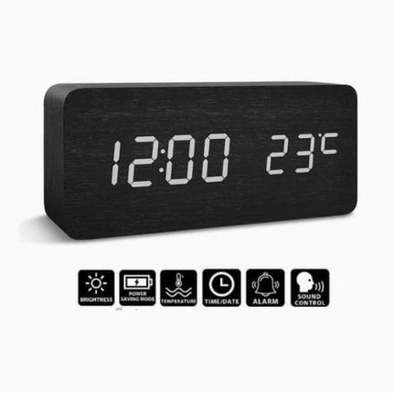 LED Alarm Clock with USB Charger, Silent Wooden Design for Bedrooms and Travel, 12/24h LCD Display, Black.
